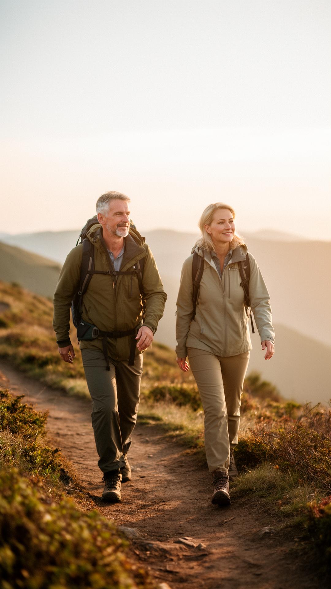 A couple in their forties walking along a coastal trail at sunrise
